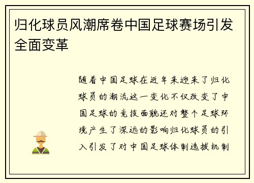 归化球员风潮席卷中国足球赛场引发全面变革 归化球员风潮席卷中国足球赛场引发全面变革