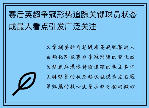 赛后英超争冠形势追踪关键球员状态成最大看点引发广泛关注 赛后英超争冠形势追踪关键球员状态成最大看点引发广泛关注